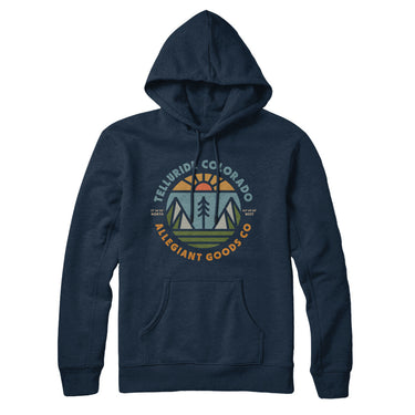 Telluride Colorado Retro Badge Hoodie-Navy Blue-Allegiant Goods Co. Vintage Sports Apparel