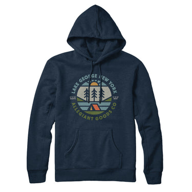 Lake George New York Retro Badge Hoodie-Navy Blue-Allegiant Goods Co. Vintage Sports Apparel