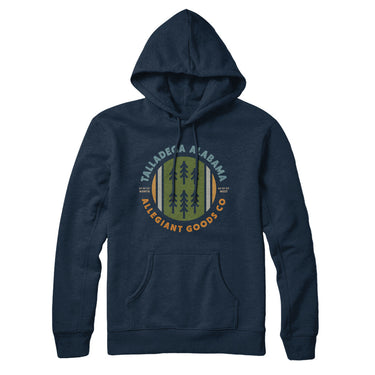 Talladega Alabama Retro Badge Hoodie-Navy Blue-Allegiant Goods Co. Vintage Sports Apparel