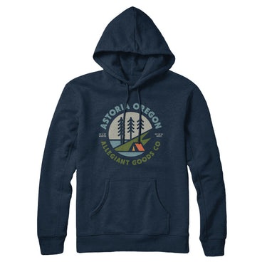 Astoria Oregon Retro Badge Hoodie-Navy Blue-Allegiant Goods Co. Vintage Sports Apparel