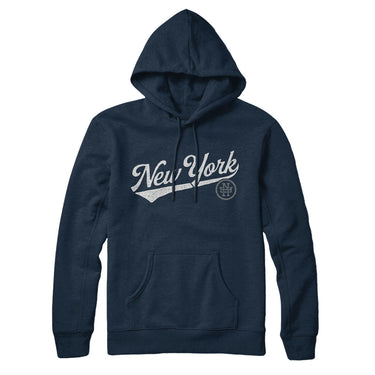 New York Vintage Script Hoodie-Navy Blue-Allegiant Goods Co. Vintage Sports Apparel