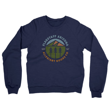 Flagstaff Arizona Retro Badge Midweight French Terry Crewneck Sweatshirt-Navy-Allegiant Goods Co. Vintage Sports Apparel