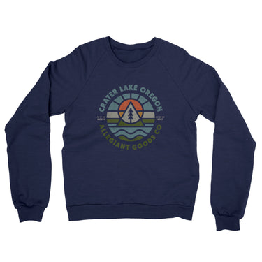 Crater Lake Oregon Retro Badge Midweight French Terry Crewneck Sweatshirt-Navy-Allegiant Goods Co. Vintage Sports Apparel