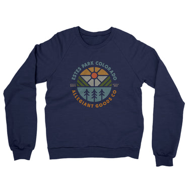 Estes Park Colorado Retro Badge Midweight French Terry Crewneck Sweatshirt-Navy-Allegiant Goods Co. Vintage Sports Apparel