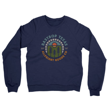 Bastrop Texas Retro Badge Midweight French Terry Crewneck Sweatshirt-Navy-Allegiant Goods Co. Vintage Sports Apparel