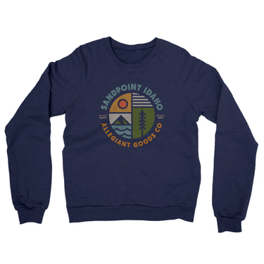 Sandpoint Idaho Retro Badge Midweight French Terry Crewneck Sweatshirt-Navy-Allegiant Goods Co. Vintage Sports Apparel