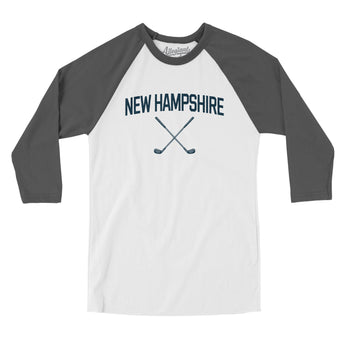 New Hampshire Golf Men/Unisex Raglan 3/4 Sleeve T-Shirt-White with Asphalt-Allegiant Goods Co. Vintage Sports Apparel