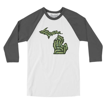 Michigan Golf Course Map Men/Unisex Raglan 3/4 Sleeve T-Shirt-White with Asphalt-Allegiant Goods Co. Vintage Sports Apparel