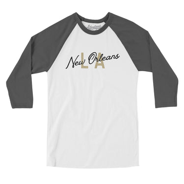 New Orleans La Overprinted Men/Unisex Raglan 3/4 Sleeve T-Shirt-White with Asphalt-Allegiant Goods Co. Vintage Sports Apparel