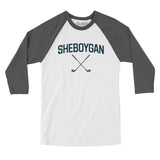 Sheboygan Golf Men/Unisex Raglan 3/4 Sleeve T-Shirt-White with Asphalt-Allegiant Goods Co. Vintage Sports Apparel