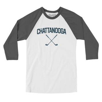 Chattanooga Golf Men/Unisex Raglan 3/4 Sleeve T-Shirt-White with Asphalt-Allegiant Goods Co. Vintage Sports Apparel