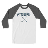 Pittsburgh Golf Men/Unisex Raglan 3/4 Sleeve T-Shirt-White with Asphalt-Allegiant Goods Co. Vintage Sports Apparel