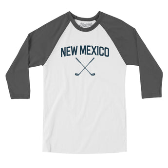 New Mexico Golf Men/Unisex Raglan 3/4 Sleeve T-Shirt-White with Asphalt-Allegiant Goods Co. Vintage Sports Apparel