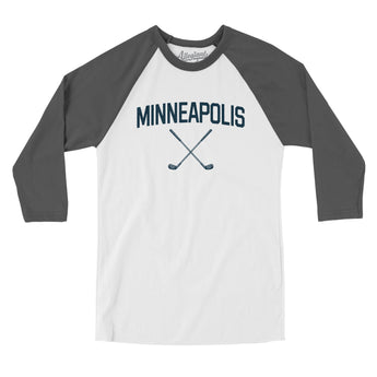 Minneapolis Golf Men/Unisex Raglan 3/4 Sleeve T-Shirt-White with Asphalt-Allegiant Goods Co. Vintage Sports Apparel