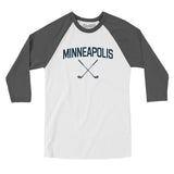Minneapolis Golf Men/Unisex Raglan 3/4 Sleeve T-Shirt-White with Asphalt-Allegiant Goods Co. Vintage Sports Apparel