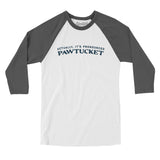Actually It's Pronounced Pawtucket Men/Unisex Raglan 3/4 Sleeve T-Shirt-White with Asphalt-Allegiant Goods Co. Vintage Sports Apparel