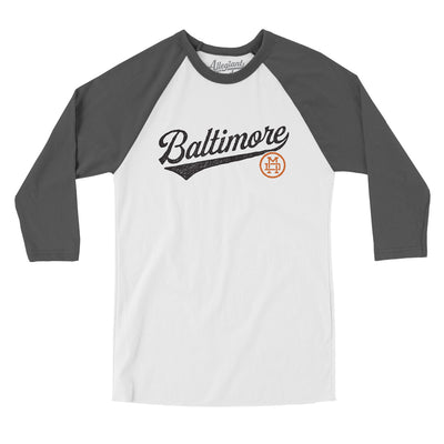 Baltimore Vintage Script Men/Unisex Raglan 3/4 Sleeve T-Shirt-White with Asphalt-Allegiant Goods Co. Vintage Sports Apparel