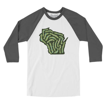 Wisconsin Golf Course Map Men/Unisex Raglan 3/4 Sleeve T-Shirt-White with Asphalt-Allegiant Goods Co. Vintage Sports Apparel