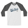 New York Vintage Script Men/Unisex Raglan 3/4 Sleeve T-Shirt-White with Asphalt-Allegiant Goods Co. Vintage Sports Apparel