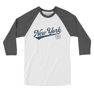 New York Vintage Script Men/Unisex Raglan 3/4 Sleeve T-Shirt-White with Asphalt-Allegiant Goods Co. Vintage Sports Apparel