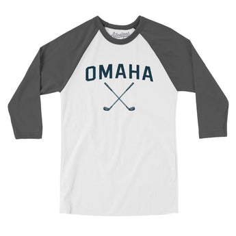 Omaha Golf Men/Unisex Raglan 3/4 Sleeve T-Shirt-White with Asphalt-Allegiant Goods Co. Vintage Sports Apparel