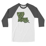Louisiana Golf Course Map Men/Unisex Raglan 3/4 Sleeve T-Shirt-White with Asphalt-Allegiant Goods Co. Vintage Sports Apparel
