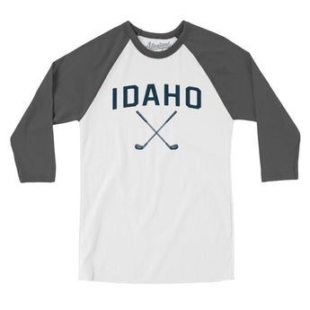 Idaho Golf Men/Unisex Raglan 3/4 Sleeve T-Shirt-White with Asphalt-Allegiant Goods Co. Vintage Sports Apparel