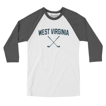 West Virginia Golf Men/Unisex Raglan 3/4 Sleeve T-Shirt-White with Asphalt-Allegiant Goods Co. Vintage Sports Apparel