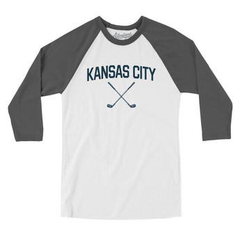 Kansas City Golf Men/Unisex Raglan 3/4 Sleeve T-Shirt-White with Asphalt-Allegiant Goods Co. Vintage Sports Apparel
