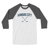 Kansas City Golf Men/Unisex Raglan 3/4 Sleeve T-Shirt-White with Asphalt-Allegiant Goods Co. Vintage Sports Apparel