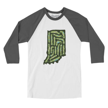 Indiana Golf Course Map Men/Unisex Raglan 3/4 Sleeve T-Shirt-White with Asphalt-Allegiant Goods Co. Vintage Sports Apparel