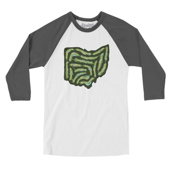 Ohio Golf Course Map Men/Unisex Raglan 3/4 Sleeve T-Shirt-White with Asphalt-Allegiant Goods Co. Vintage Sports Apparel