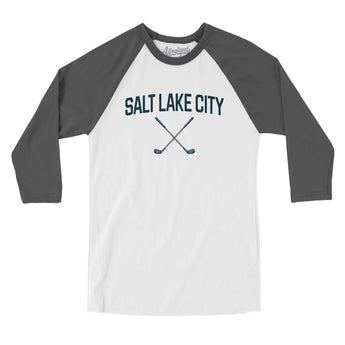 Salt Lake City Golf Men/Unisex Raglan 3/4 Sleeve T-Shirt-White with Asphalt-Allegiant Goods Co. Vintage Sports Apparel