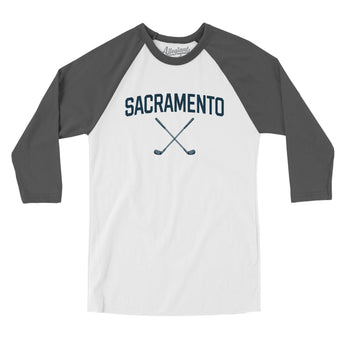 Sacramento Golf Men/Unisex Raglan 3/4 Sleeve T-Shirt-White with Asphalt-Allegiant Goods Co. Vintage Sports Apparel