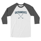 Sacramento Golf Men/Unisex Raglan 3/4 Sleeve T-Shirt-White with Asphalt-Allegiant Goods Co. Vintage Sports Apparel