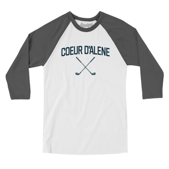 Coeur D'alene Golf Men/Unisex Raglan 3/4 Sleeve T-Shirt-White with Asphalt-Allegiant Goods Co. Vintage Sports Apparel