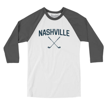 Nashville Golf Men/Unisex Raglan 3/4 Sleeve T-Shirt-White with Asphalt-Allegiant Goods Co. Vintage Sports Apparel