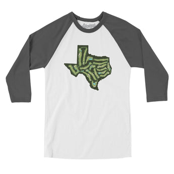 Texas Golf Course Map Men/Unisex Raglan 3/4 Sleeve T-Shirt-White with Asphalt-Allegiant Goods Co. Vintage Sports Apparel