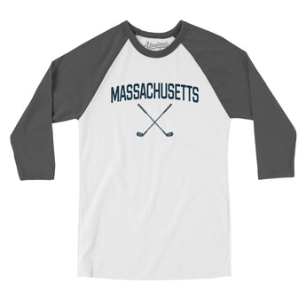 Massachusetts Golf Men/Unisex Raglan 3/4 Sleeve T-Shirt-White with Asphalt-Allegiant Goods Co. Vintage Sports Apparel