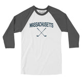 Massachusetts Golf Men/Unisex Raglan 3/4 Sleeve T-Shirt-White with Asphalt-Allegiant Goods Co. Vintage Sports Apparel
