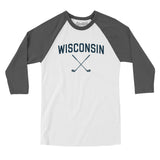 Wisconsin Golf Men/Unisex Raglan 3/4 Sleeve T-Shirt-White with Asphalt-Allegiant Goods Co. Vintage Sports Apparel
