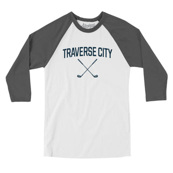 Traverse City Golf Men/Unisex Raglan 3/4 Sleeve T-Shirt-White with Asphalt-Allegiant Goods Co. Vintage Sports Apparel