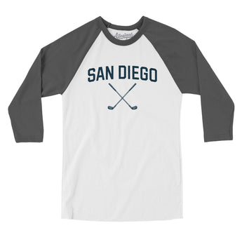 San Diego Golf Men/Unisex Raglan 3/4 Sleeve T-Shirt-White with Asphalt-Allegiant Goods Co. Vintage Sports Apparel