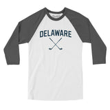 Delaware Golf Men/Unisex Raglan 3/4 Sleeve T-Shirt-White with Asphalt-Allegiant Goods Co. Vintage Sports Apparel