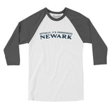 Actually It's Pronounced Newark Men/Unisex Raglan 3/4 Sleeve T-Shirt-White with Asphalt-Allegiant Goods Co. Vintage Sports Apparel