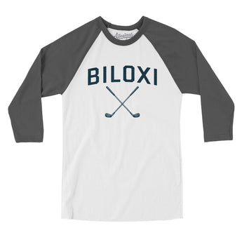 Biloxi Golf Men/Unisex Raglan 3/4 Sleeve T-Shirt-White with Asphalt-Allegiant Goods Co. Vintage Sports Apparel