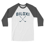 Biloxi Golf Men/Unisex Raglan 3/4 Sleeve T-Shirt-White with Asphalt-Allegiant Goods Co. Vintage Sports Apparel
