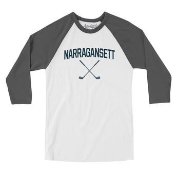 Narragansett Golf Men/Unisex Raglan 3/4 Sleeve T-Shirt-White with Asphalt-Allegiant Goods Co. Vintage Sports Apparel
