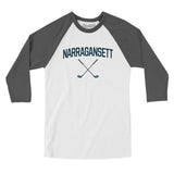 Narragansett Golf Men/Unisex Raglan 3/4 Sleeve T-Shirt-White with Asphalt-Allegiant Goods Co. Vintage Sports Apparel