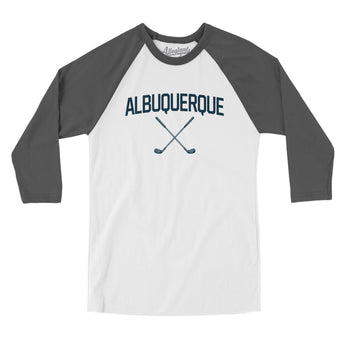 Albuquerque Golf Men/Unisex Raglan 3/4 Sleeve T-Shirt-White with Asphalt-Allegiant Goods Co. Vintage Sports Apparel